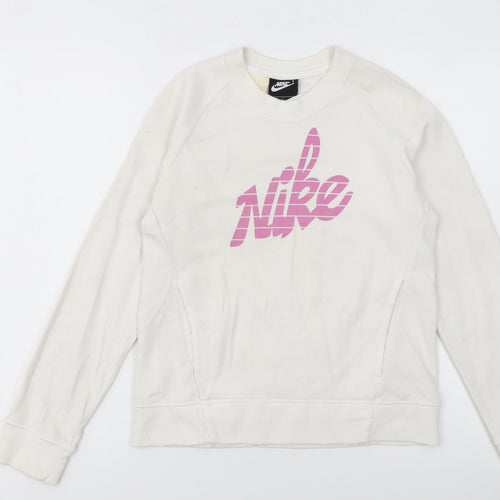 Nike Girls Ivory Pink Graphic Print Crew Neck Pullover Sweatshirt L 146-156cm