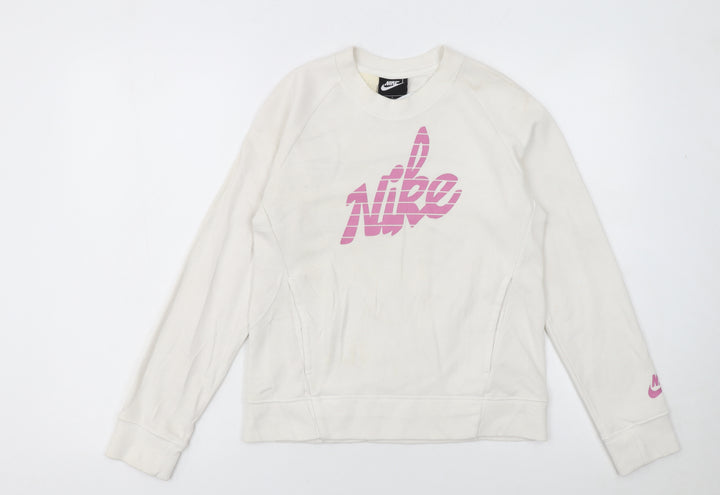 Nike Girls Ivory Pink Graphic Print Crew Neck Pullover Sweatshirt L 146-156cm