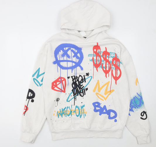 FSBN Men’s White Graffiti Pullover Relaxed Fit Hoodie Size S