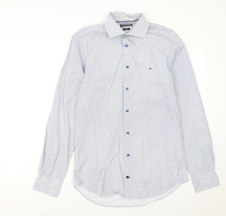 Tommy Hilfiger Men's Blue Slim Fit Geometric Long Sleeve Button-Up Shirt 14.5