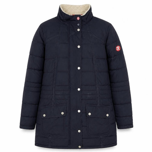 Front view of Barbour women’s blue long puffer coat, size UK 14, quilted winter jacket