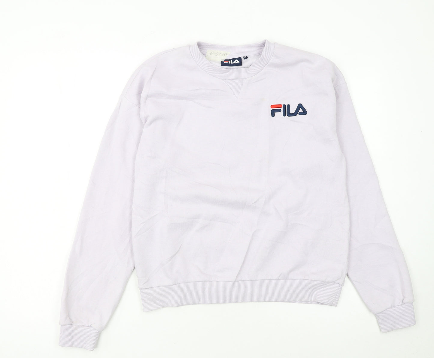 FILA Women White XS Pullover Sweatshirt Cotton Blend Logo Crew Neck