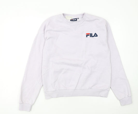FILA Women White XS Pullover Sweatshirt Cotton Blend Logo Crew Neck