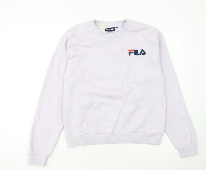 FILA Women White XS Pullover Sweatshirt Cotton Blend Logo Crew Neck