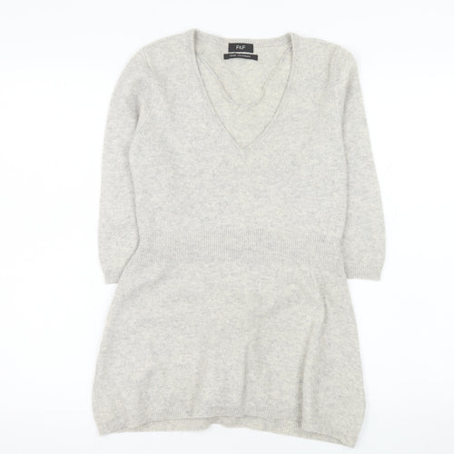 F&F Women’s Grey 100% Cashmere V-Neck Tunic Jumper Size 12