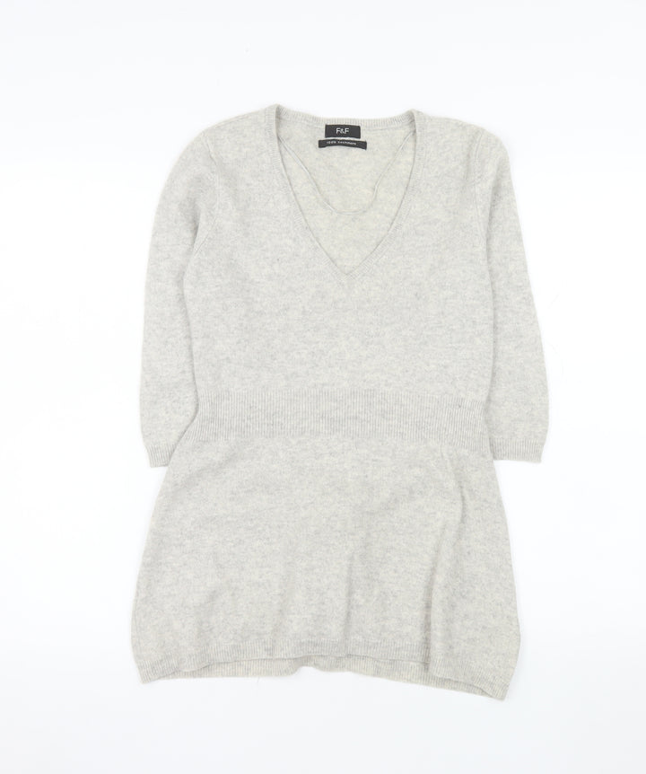 F&F Women’s Grey 100% Cashmere V-Neck Tunic Jumper Size 12