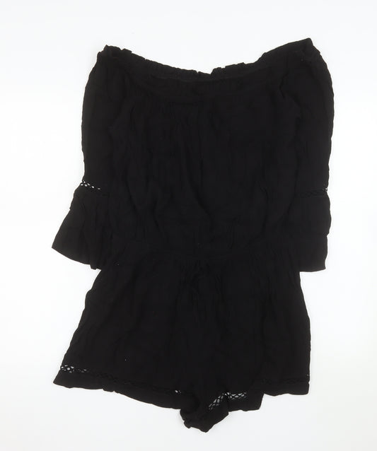 Savida for Dunnes Stores Black Off Shoulder Playsuit Women L Viscose Lace Trim