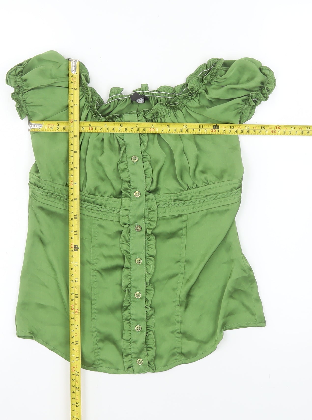 Savida Women’s Green Off Shoulder Ruffle Button Tunic Blouse Size 14
