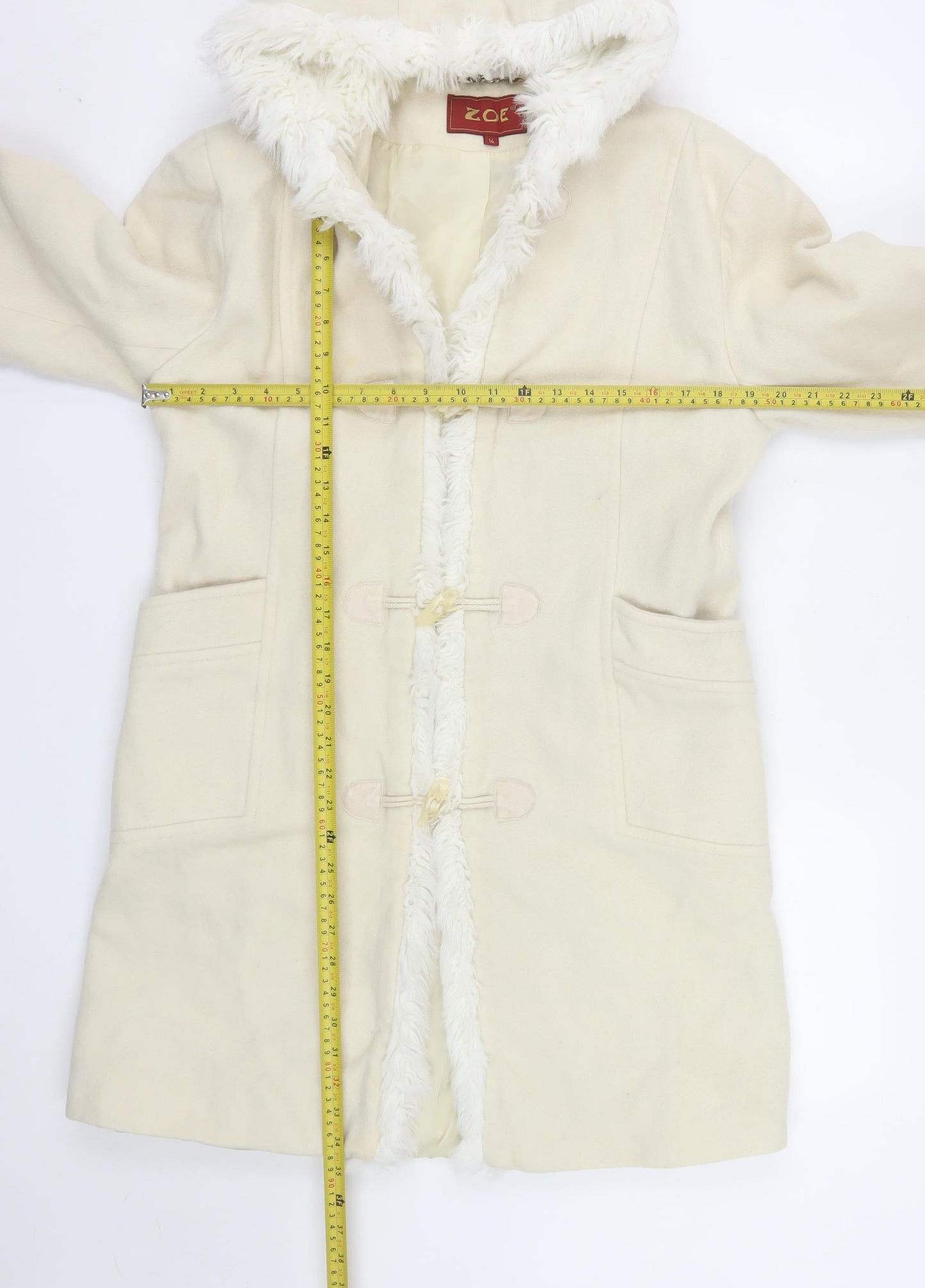 Zoe Women Ivory Wool Hooded Duffle Coat Size 14