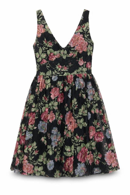 Front view of Warehouse women’s multicoloured floral a-line dress, size UK 10