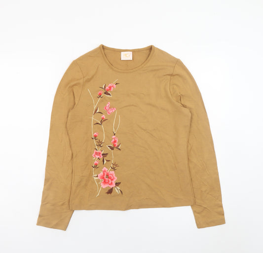 Country Casuals Women Brown Petite Embroidered Floral Long Sleeve T-Shirt M