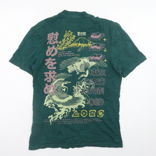 River Island Men's Green Japanese Graphic Print T-Shirt XS