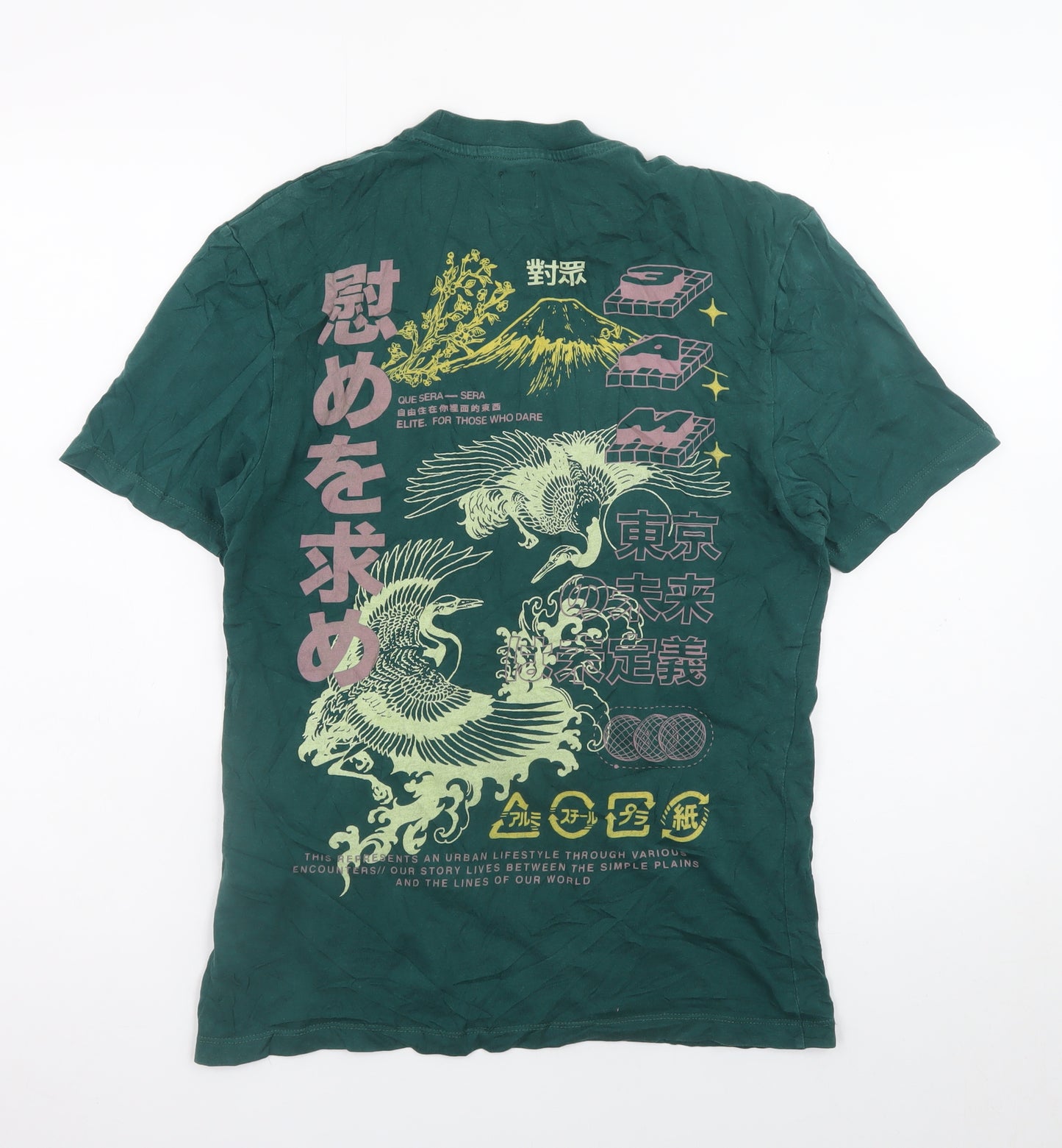 River Island Men's Green Japanese Graphic Print T-Shirt XS