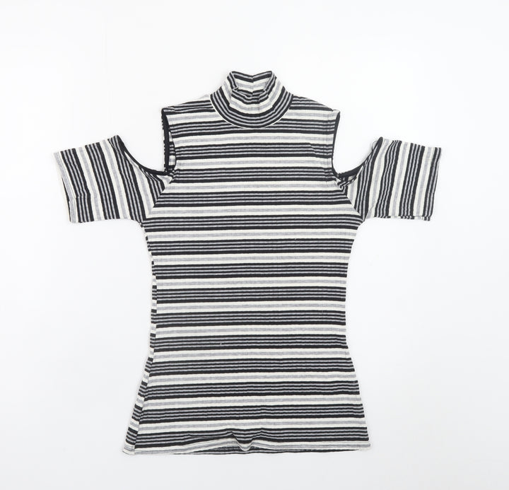 Quiz Women’s Black Striped Roll Neck Cold Shoulder Top Size 12