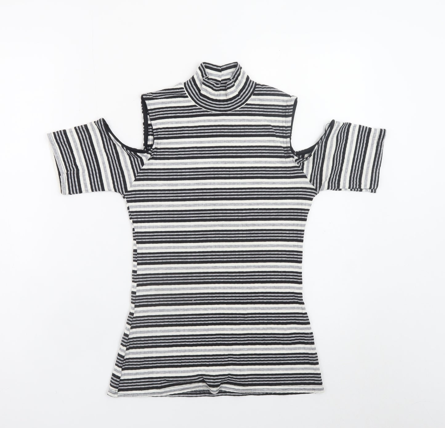 Quiz Women’s Black Striped Roll Neck Cold Shoulder Top Size 12