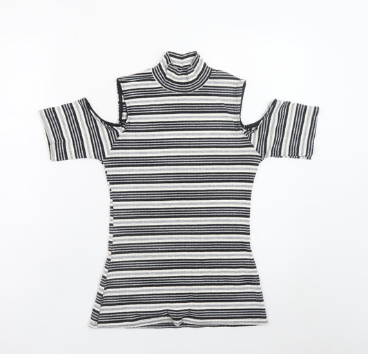 Quiz Women’s Black Striped Roll Neck Cold Shoulder Top Size 12