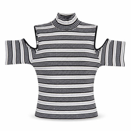 Quiz Women’s Black Striped Roll Neck Cold Shoulder Top Size 12