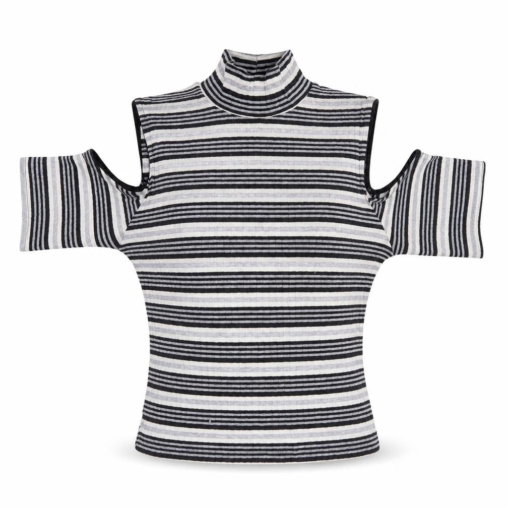 Quiz Women’s Black Striped Roll Neck Cold Shoulder Top Size 12