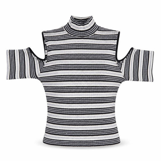 Front view of Quiz Women’s Black Striped Roll Neck Cold Shoulder Top, size UK 12