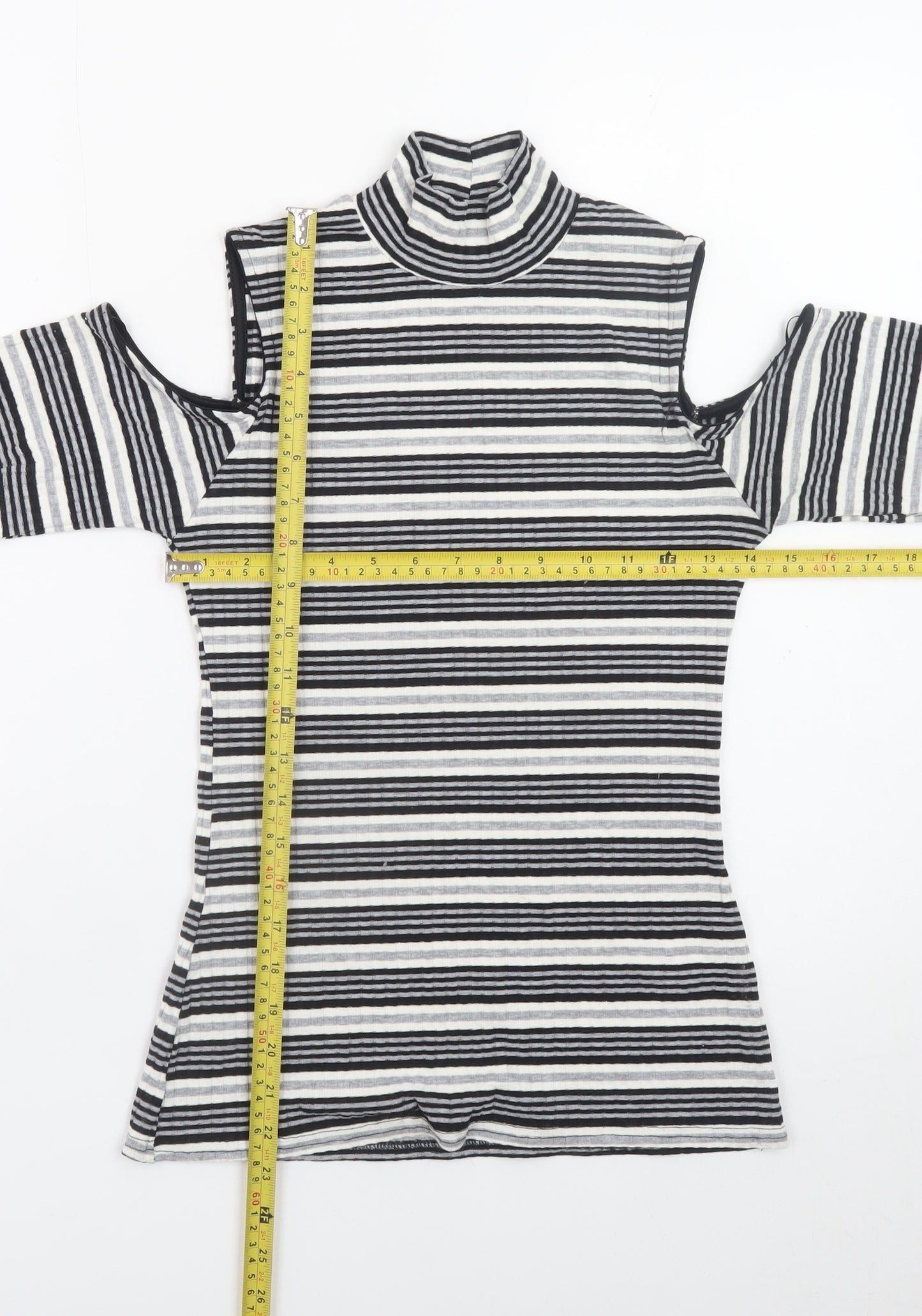 Quiz Women’s Black Striped Roll Neck Cold Shoulder Top Size 12