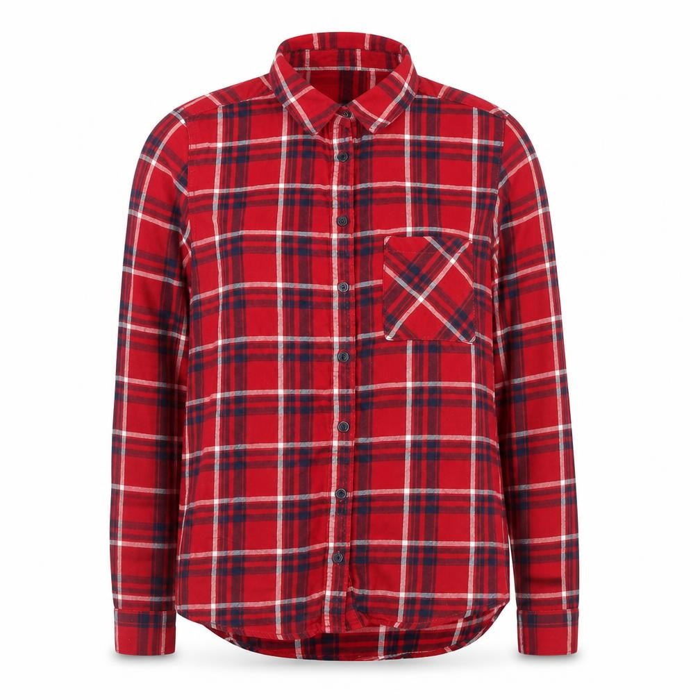 Front view of New Look Women's Red Plaid Button-Up Flannel Shirt, size 8
