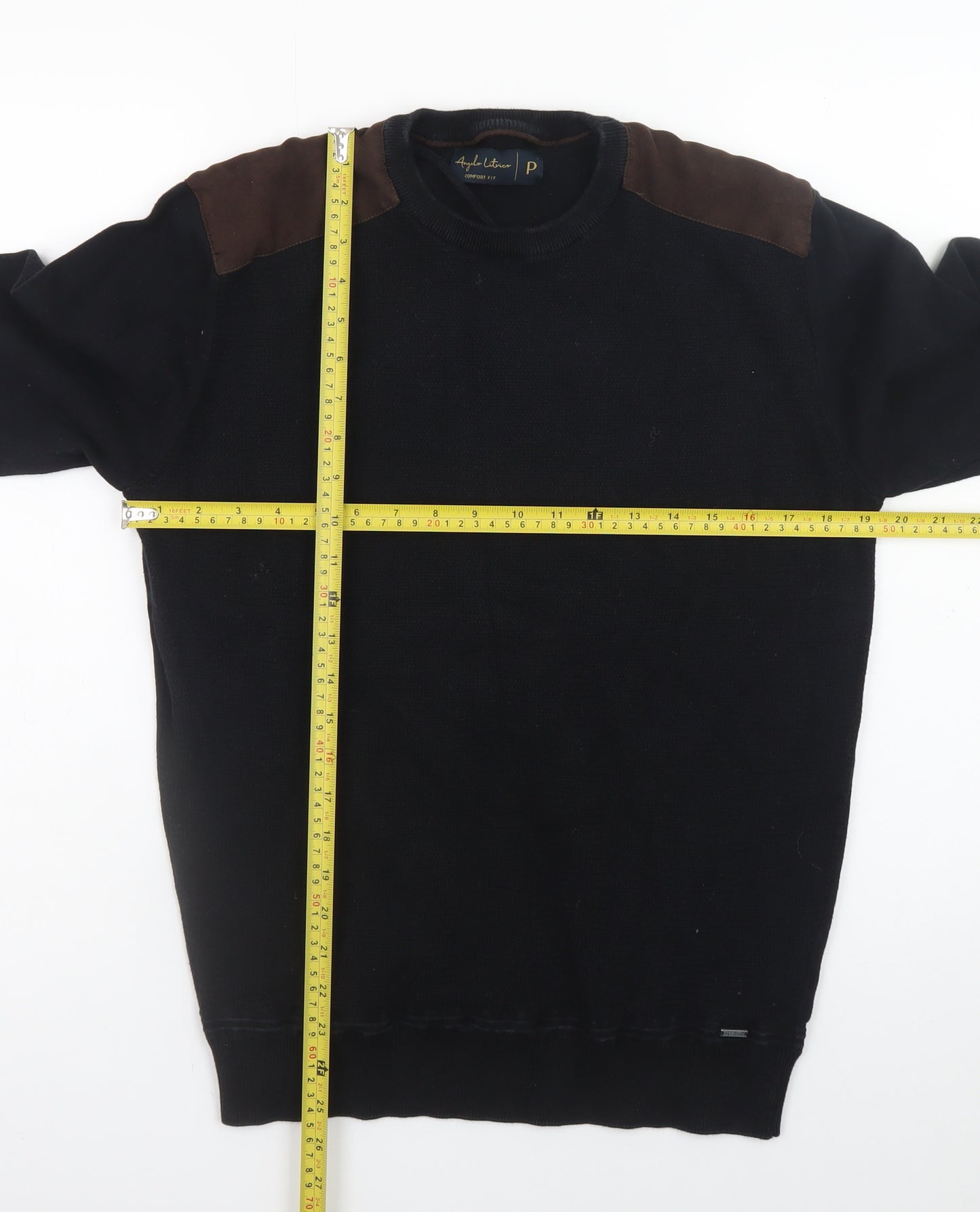 Angelo Litrico Men's Black Pullover Jumper Suede Shoulder Panels S
