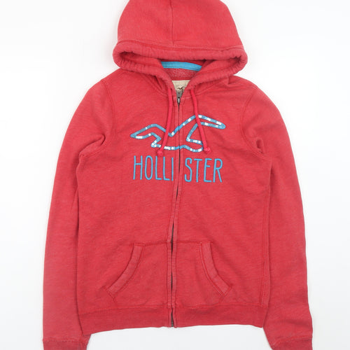 Hollister Women's Red Full Zip Hoodie Medium Cotton Blend Logo