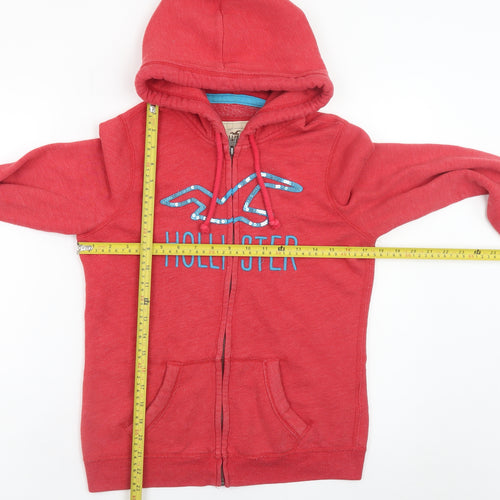 Hollister Women's Red Full Zip Hoodie Medium Cotton Blend Logo