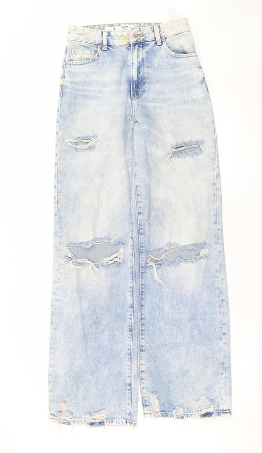 Bershka Women’s Blue Wide-Leg Distressed Denim Jeans Size 8