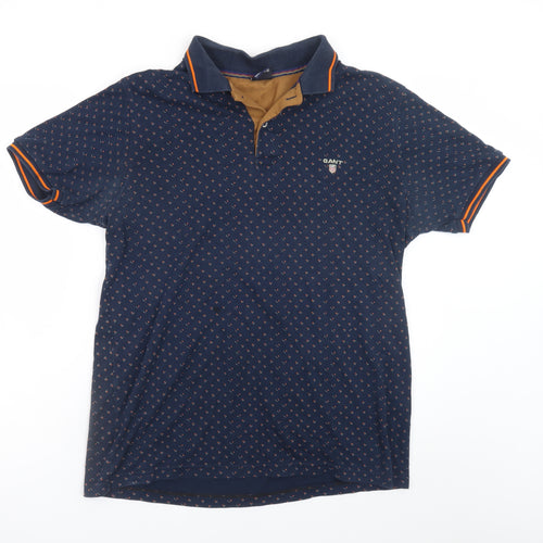 GANT Men's Blue Geometric Cotton Short Sleeve Polo Shirt XL