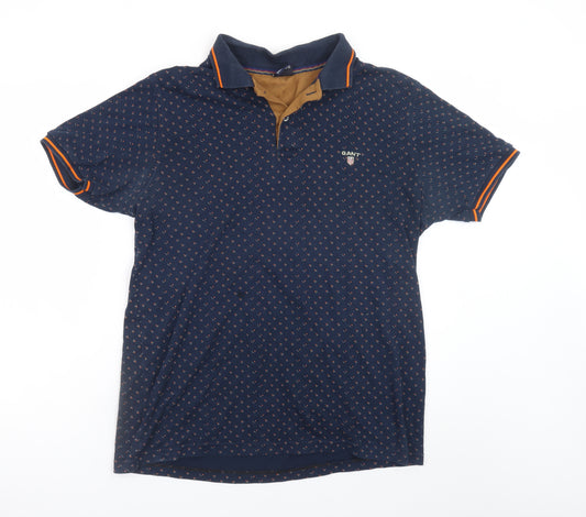 GANT Men's Blue Geometric Cotton Short Sleeve Polo Shirt XL