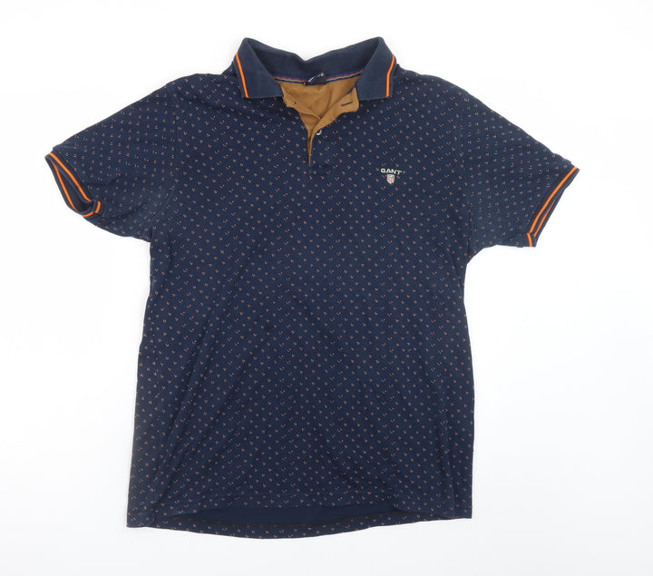 GANT Men's Blue Geometric Cotton Short Sleeve Polo Shirt XL