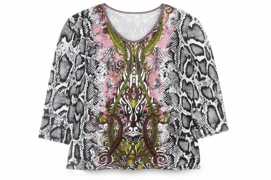 Front view of Gerry Weber Women’s Multicoloured Animal Print V-Neck 3/4 Sleeve Jersey Top, size UK 12