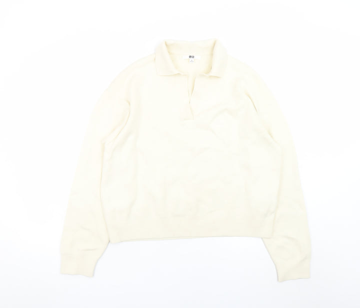 Uniqlo Women Ivory Cotton Collared Henley Jumper M