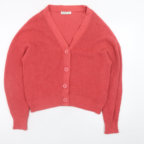 Stradivarius Women Pink Cotton V-Neck Cardigan XS