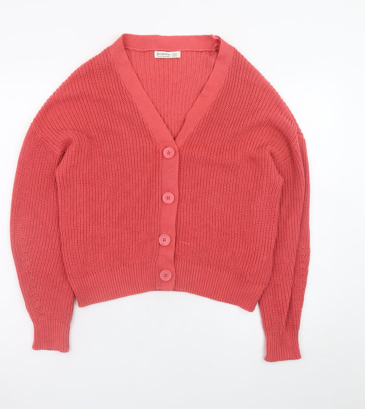Stradivarius Women Pink Cotton V-Neck Cardigan XS
