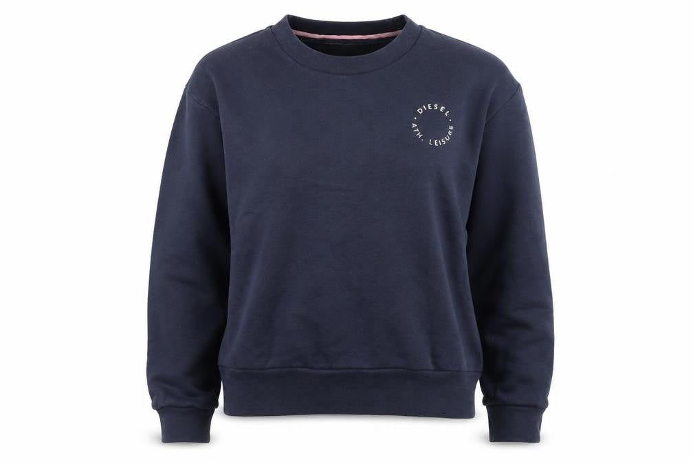 Front view of Diesel Women's Navy Pullover Sweatshirt Medium Cotton Blend