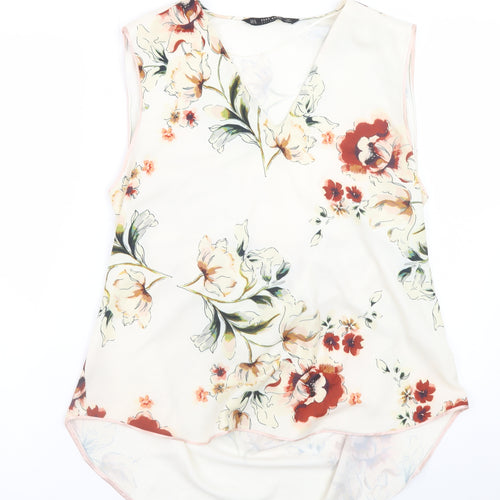 Zara Women Ivory Floral Sleeveless V-Neck Blouse Size XL