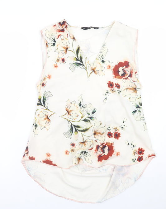 Zara Women Ivory Floral Sleeveless V-Neck Blouse Size XL