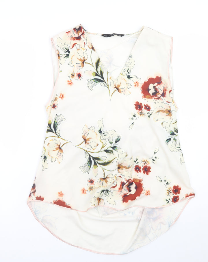 Zara Women Ivory Floral Sleeveless V-Neck Blouse Size XL
