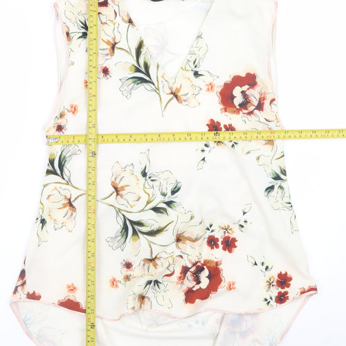 Zara Women Ivory Floral Sleeveless V-Neck Blouse Size XL