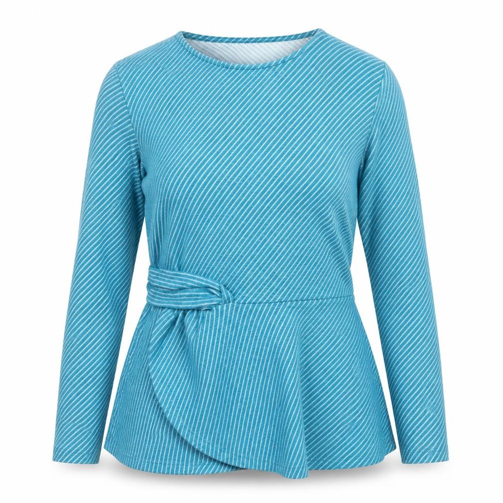 Front view of Savida Women's Blue Striped Long Sleeve Wrap Blouse, size 12