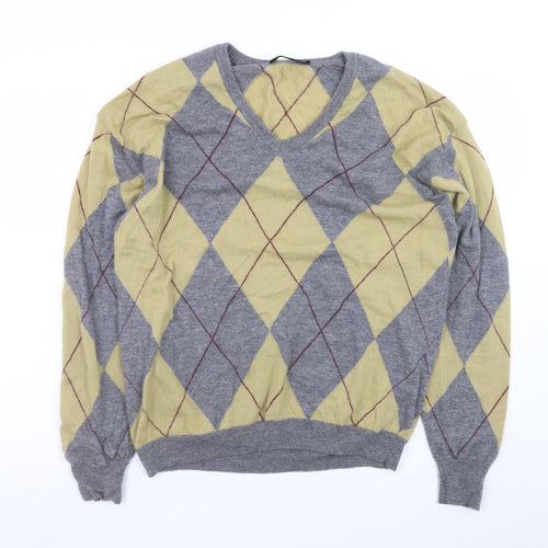 Zara Men Grey Argyle Wool V-Neck Jumper Size M