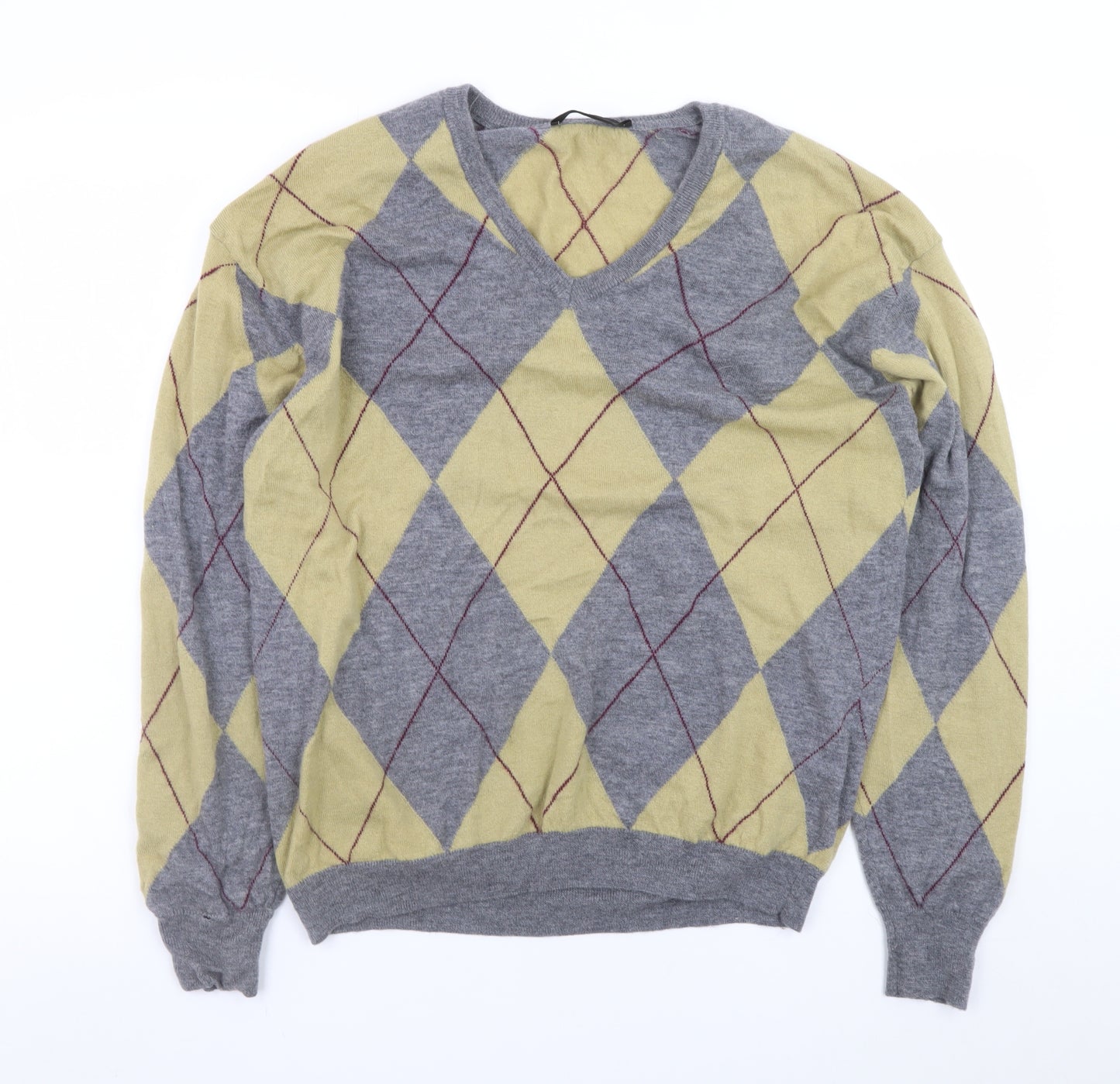 Zara Men Grey Argyle Wool V-Neck Jumper Size M