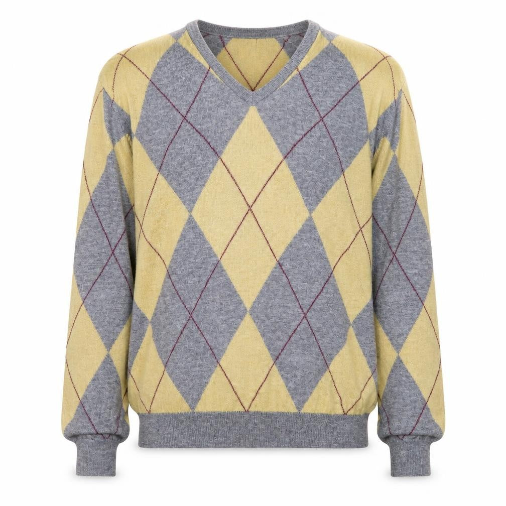Front view of Zara Men Grey Argyle Wool V-Neck Jumper, size M
