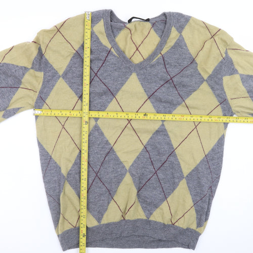 Zara Men Grey Argyle Wool V-Neck Jumper Size M