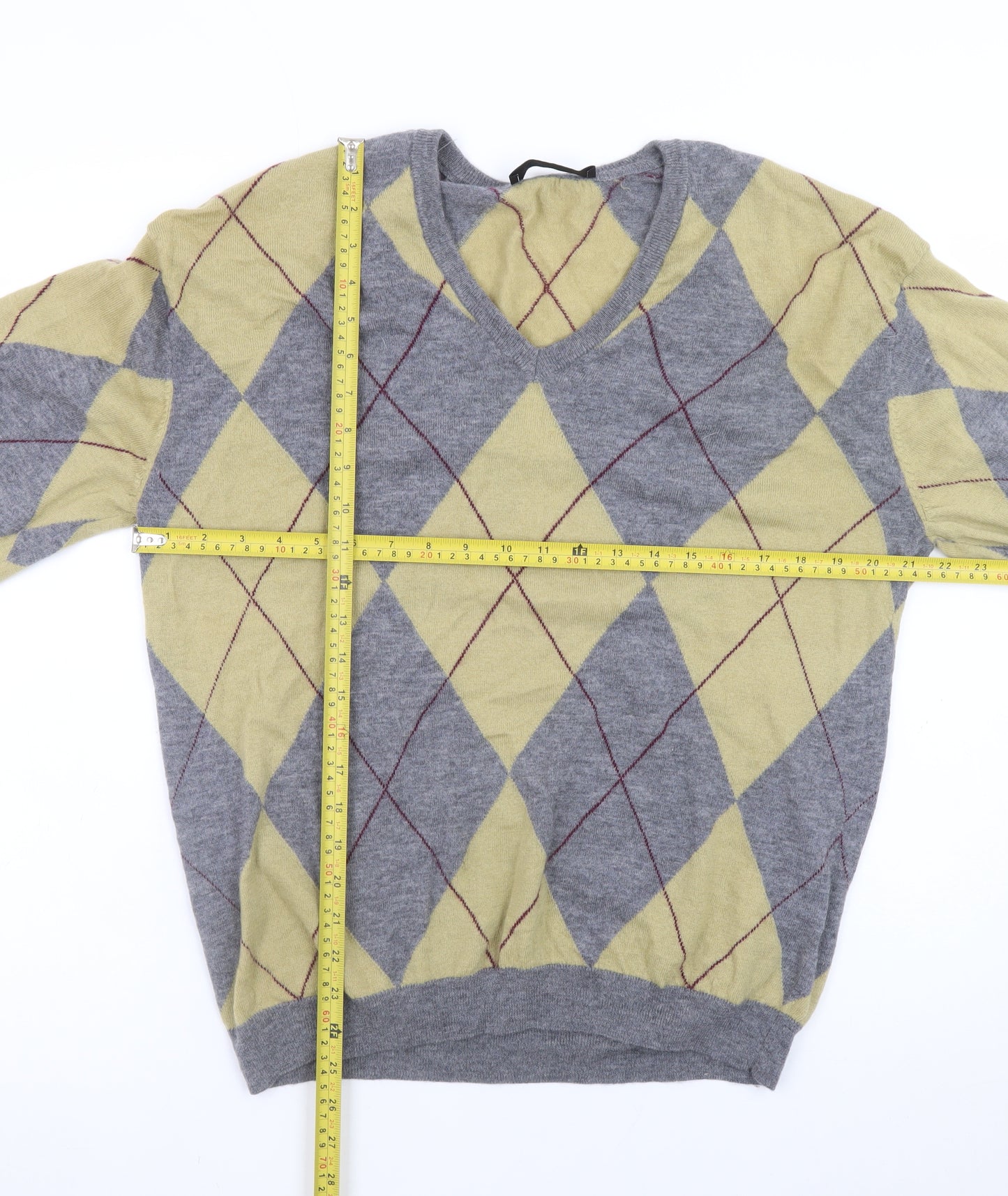 Zara Men Grey Argyle Wool V-Neck Jumper Size M