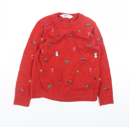 H&M Boys Red Christmas Jumper 4-6 Years Cotton Crew Neck Snowman Fair Isle
