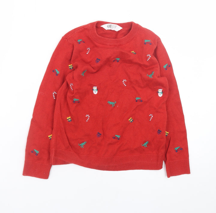 H&M Boys Red Christmas Jumper 4-6 Years Cotton Crew Neck Snowman Fair Isle
