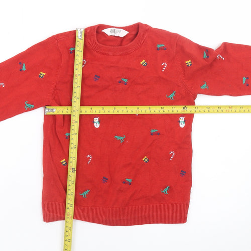 H&M Boys Red Christmas Jumper 4-6 Years Cotton Crew Neck Snowman Fair Isle